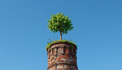 Tree Growing on Top of an Old Tower Against Clear Blue Sky