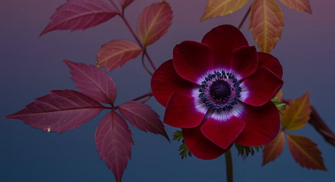 Close up of a vibrant red anemone flower with colorful leaves and petals detail