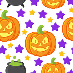 Seamless pattern with pumpkins and layers. Scary smiley background on Halloween theme. Funny cartoon wallpaper or printable template on October holidays theme.