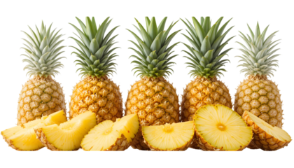 A group of pineapples with green tops and yellow bodies and some pineapple slices in front of them all .