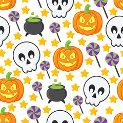 Seamless Pattern - Spooky and Cute Seamless Patterns with Skull, Potion Cauldron and Trick or Treat Elements for Halloween
