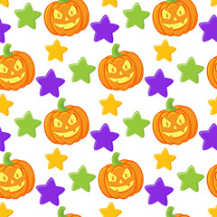 Vector repeating seamless pattern with scary smiling halloween pumpkins on white background, emotional pumpkins, repeatable and printable texture, happy halloween, trick or treat 