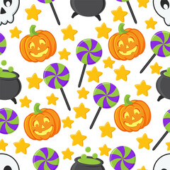 Vector repeating seamless pattern with scary smiling halloween pumpkins on white background, emotional pumpkins, repeatable and printable texture, happy halloween, trick or treat wallpaper