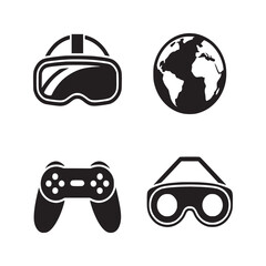 Four black and white icons depicting virtual reality headset globe controller and binoculars arranged neatly