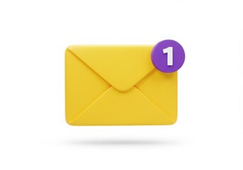 Yellow envelope with purple notification badge showing one new message isolated on white background