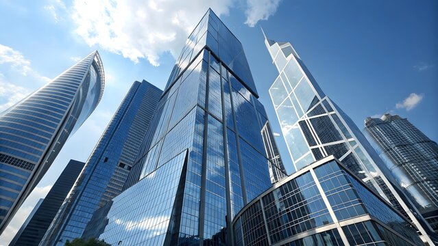 Worm's eye view of modern skyscrapers with glass facades against a bright blue sky in the city center - Powered by Adobe