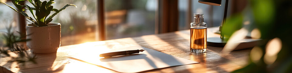 Desk Setup with Fountain Pen, Liquid Bottle, and Plant