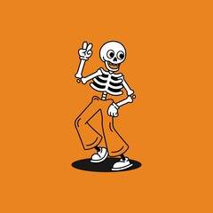 Skeleton Dancing with Peace Sign. Groovy retro hallowen character. Vector illustration.