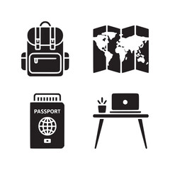 A black and white illustration of travel items including a backpack map passport and laptop on a table