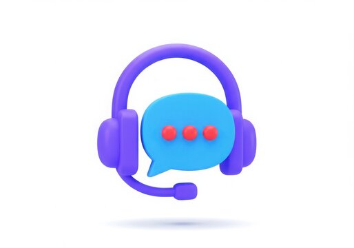3d rendered headset with a speech bubble and three red dots isolated on white background