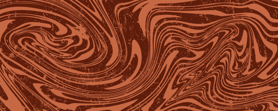 Retro coffee color background. Milk chocolate liquid dessert texture. Wavy swirl candy pattern for poster, cover, banner, pamphlet. Vintage brown trippy hippie wallpaper in 60s or 70s style. Vector