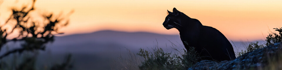 Black Cat Silhouette at Sunset Over Hills