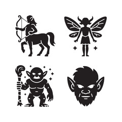 Four fantasy creatures in black silhouette: centaur, fairy, goblin with staff, and goblin face