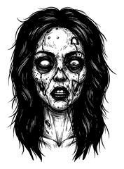 Terrifying Scary Disfigured Female Zombie Portrait Creepy Horror Face Black and White Outline Line Art Drawing Vector