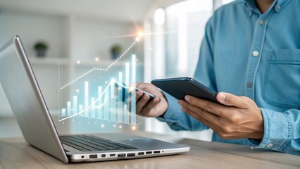 Person Using Smartphone and Laptop to Analyze Financial Data Trends