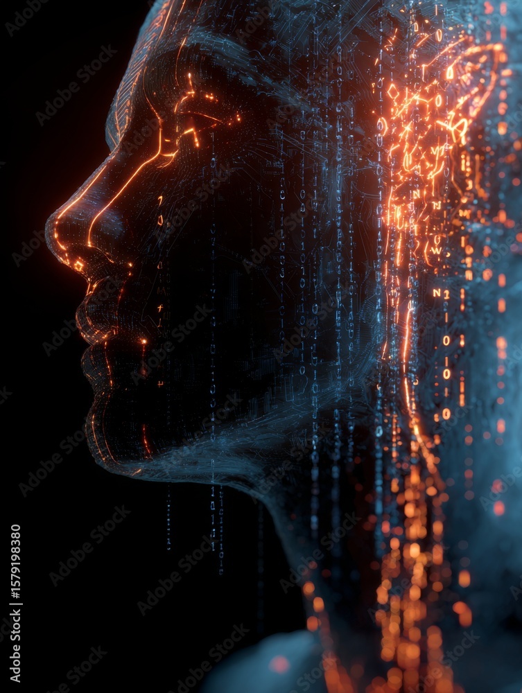 Aufkleber Glowing Binary Network Head with Tech Elements and Abstract Digital Background for Futuristic Concept Art