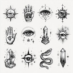 Naklejka premium Mystical Tattoo Flash Sheet Featuring Eyes, Stars, and Symbolic Designs for Artistic Inspiration and Body Art