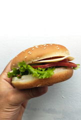 Close-Up of Hand Holding a Burger Sandwich