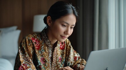 Confident woman in batik dress using laptop in well-lit home setting Image 4K UHD