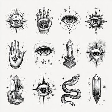 Mystical Tattoo Flash Sheet Featuring Eyes, Stars, and Symbolic Designs for Artistic Inspiration and Body Art