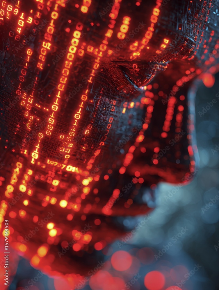 Aufkleber Glowing Binary Network Background Portrait of a Tech-Inspired Human Figure Formed by Digital Code Patterns