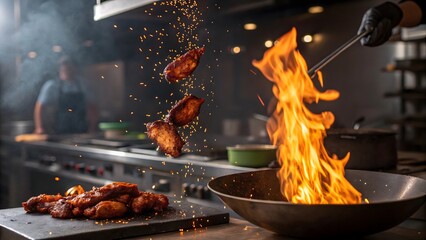 Dynamic Cooking Action in Professional Kitchen with Flame and Chicken