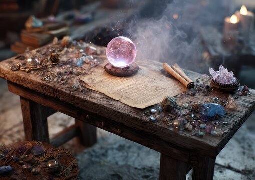 Mystical seer's tabletop arrangement featuring glowing crystal ball, crystals, and parchment