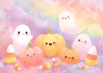 Adorable watercolor illustration of Halloween ghosts and pumpkins with candy corn elements