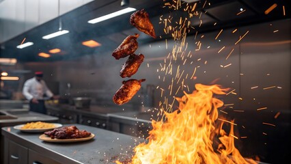 Flames and Flying Chicken Wings in a Busy Commercial Kitchen