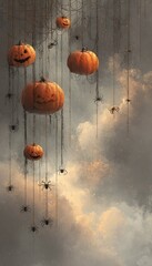 Eerie Halloween scene featuring smiling pumpkins suspended amidst a cloudy atmospheric backdrop