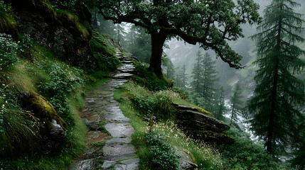 Obraz premium Rainy day hike through lush green forest trail