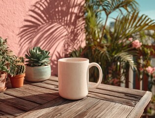 White mug on wooden table with pink bg and palm shadow for coffee shop mockup.