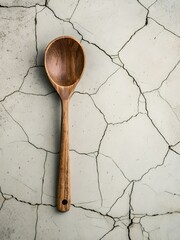 Wooden spoon with polished surface and handle hole placed diagonally on cracked gray concrete background, evoking rustic utilitarian charm