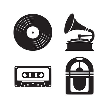Black and white illustration featuring a vinyl record gramophone cassette and jukebox design elements