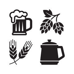 Four black and white icons displaying a beer mug hops wheat and a covered pitcher in a square format