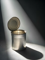 Open empty metal can with lid ajar on cracked concrete surface, illuminated by directional light, evoking raw utility and visual contrast
