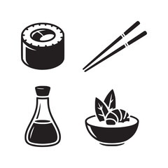 A black and white graphic of sushi chopsticks soy sauce and a bowl of food with leaves on top