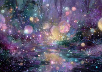 Enchanting dreamy artwork of a luminescent forest with radiant bokeh and soft reflections