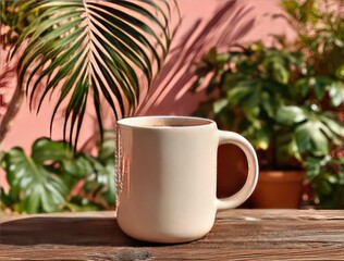 White mug on wooden table with pink bg and palm shadow for coffee shop mockup.