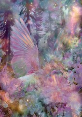 Mystical avian ascent through ethereal floral landscapes bathed in iridescent luminescence