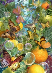 A whimsical montage featuring butterflies amid vibrant citrus fruits and captivating bubbles