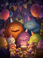 Whimsical monster birthday celebration with balloons, cake, and festive party decorations in a