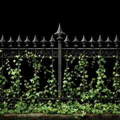 Intricate wrought iron fence adorned with verdant ivy against a stark, inky black backdrop