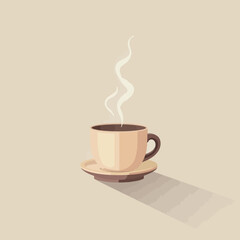 Obraz premium A light beige coffee cup with a dark brown saucer, filled with steaming coffee.