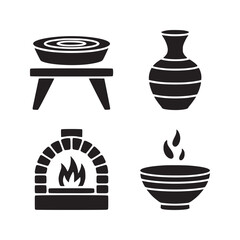 A collection of pottery related icons including a pottery wheel a vase an oven and a bowl of soup