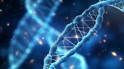 A hyper-detailed 3D illustration of a DNA double helix particle surrounded by swirling protein strands and floating nanomolecules, soft blue lighting highlighting the complex structure.