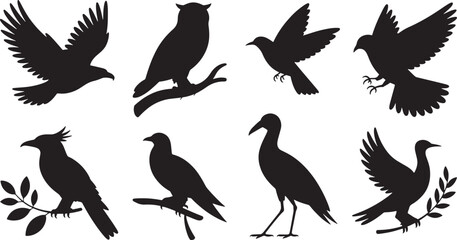 Obraz premium Diverse Bird Silhouettes: Perching, Flying, and Standing Avian Icons