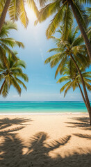 Tropical island beach with palm trees and turquoise water, empty and peaceful
