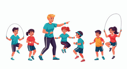 Cartoon illustration of a female instructor leading a group of children in a jumping rope exercise.
