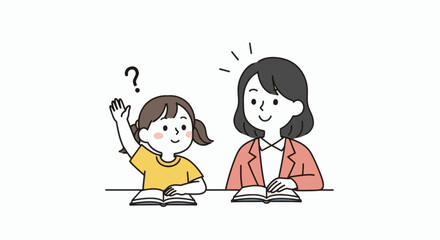 A cartoon illustration of a girl raising her hand to ask a question to her teacher.